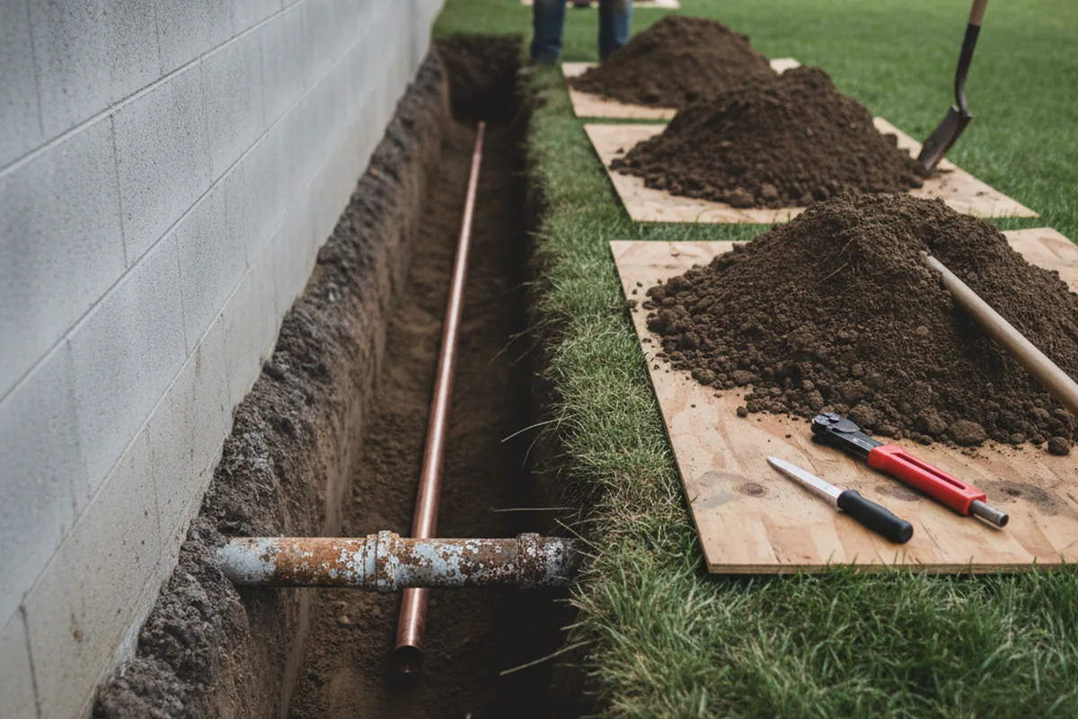 Excavated water line trench during Sewer Line Repair in Dallastown